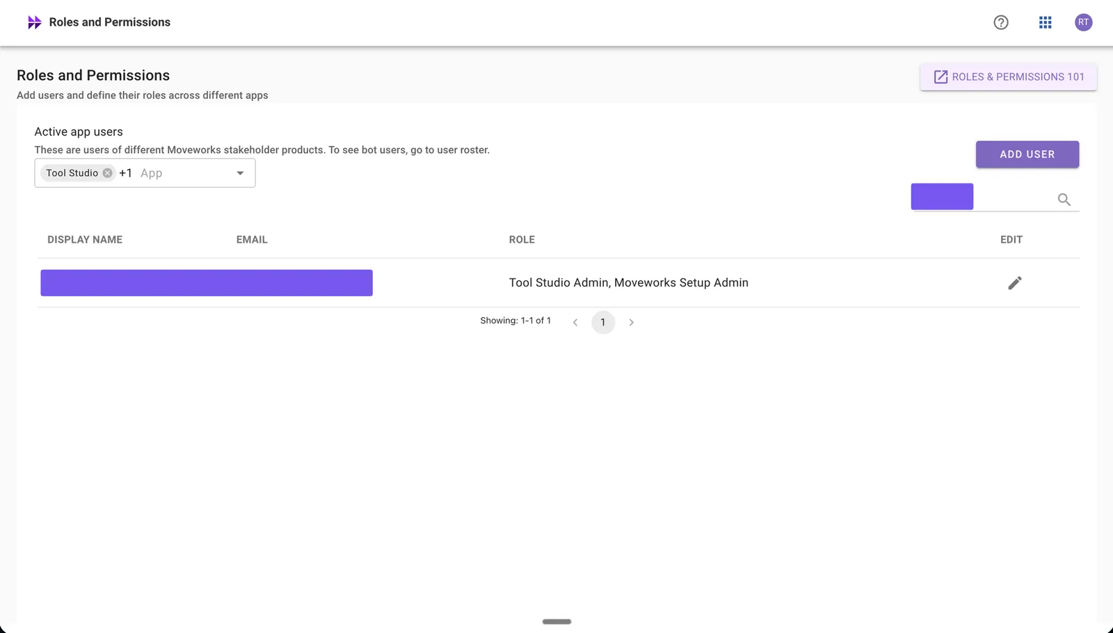 Roles and Permissions page with Add User and search