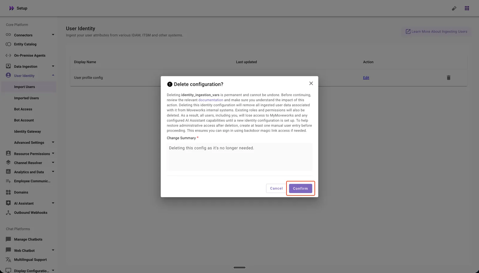 Confirm the Import Users configuration deletion