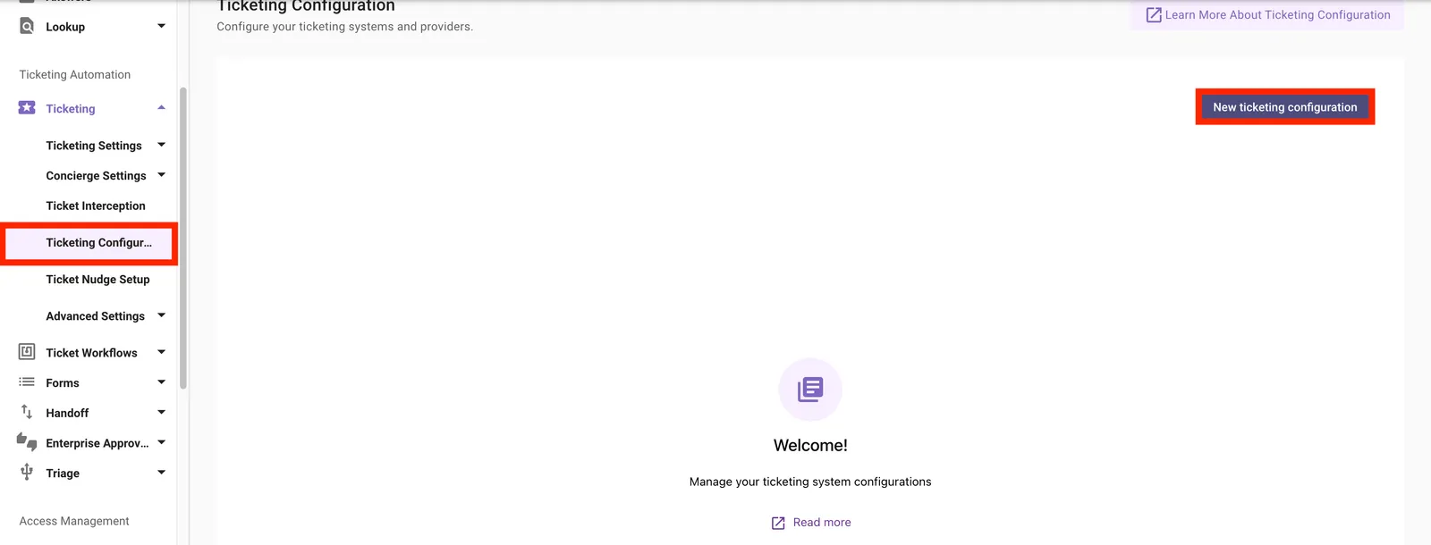 New ticketing configuration entry point in Moveworks Setup