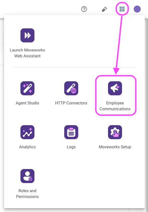 Employee Communications module in the Moveworks Setup app switcher