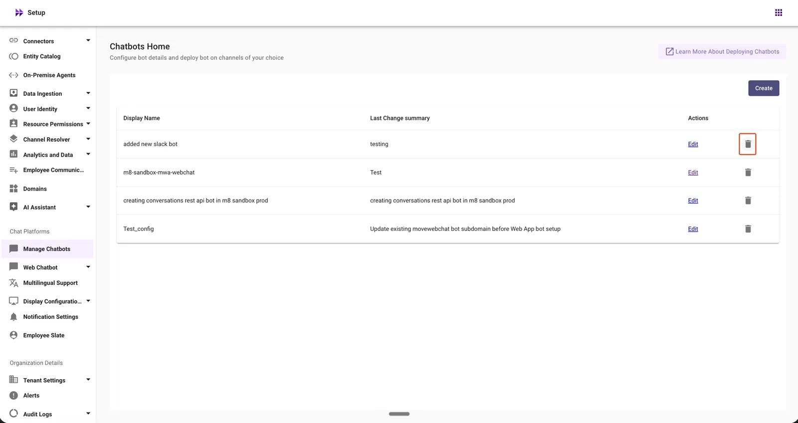 Click the delete icon next to the Chatbot configuration
