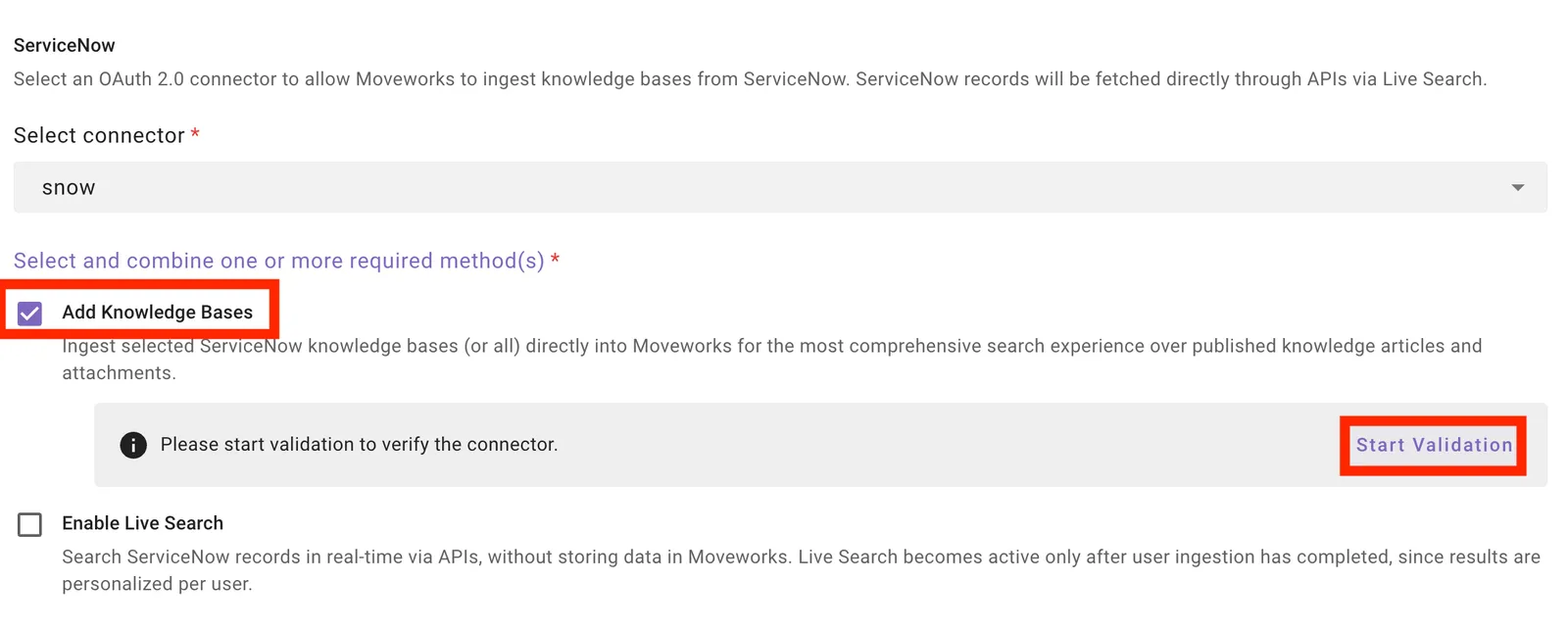 Start Validation step with the Add Knowledge Bases method checked