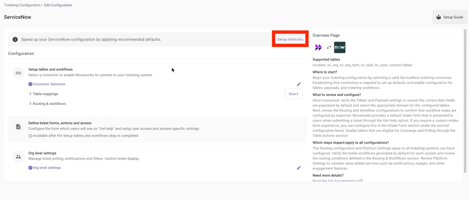 Setup Defaults button that pre-loads the standard ticket table mappings