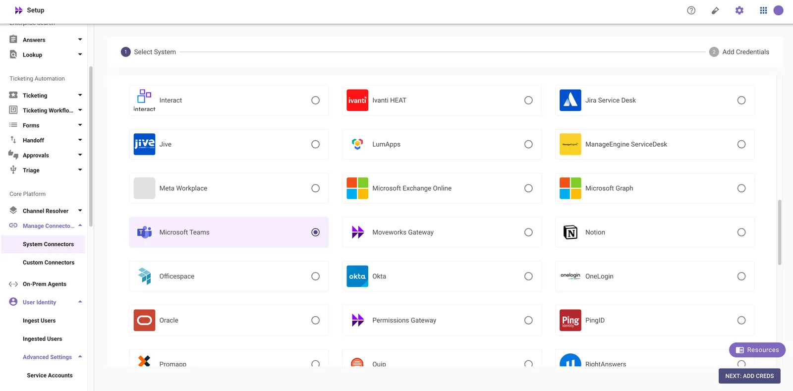 Built-in Connectors page with Microsoft Teams selected