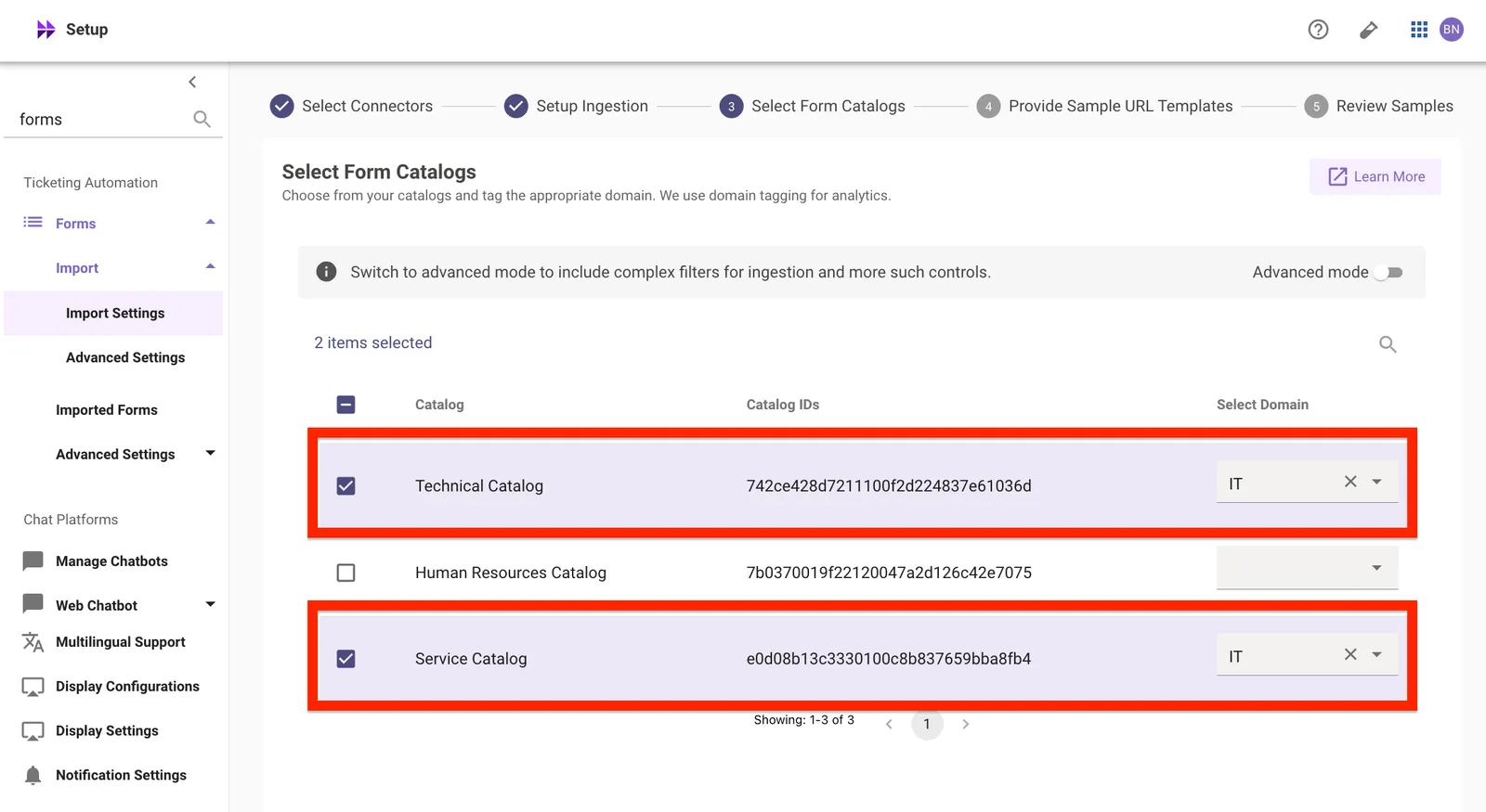 Catalog selection step with catalogs checked and assigned to a domain