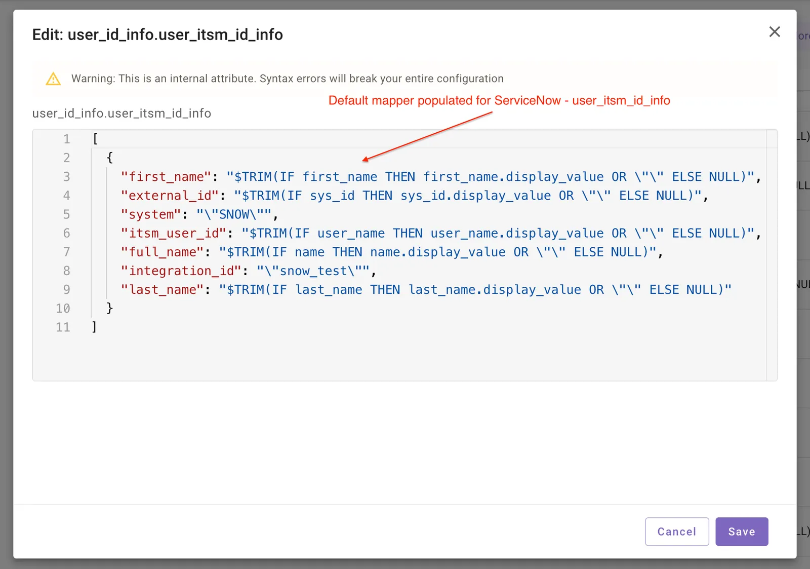 JSON editor for user_id_info fields.