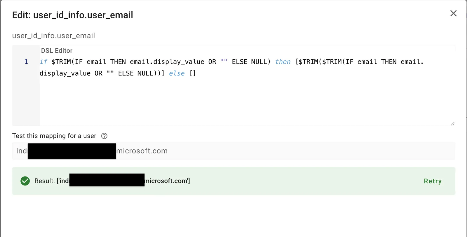 user_email mapping using list format.
