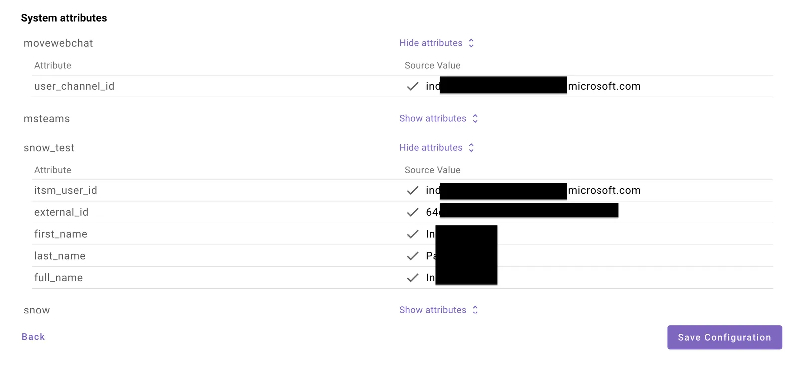 System attributes shown per integration_id.