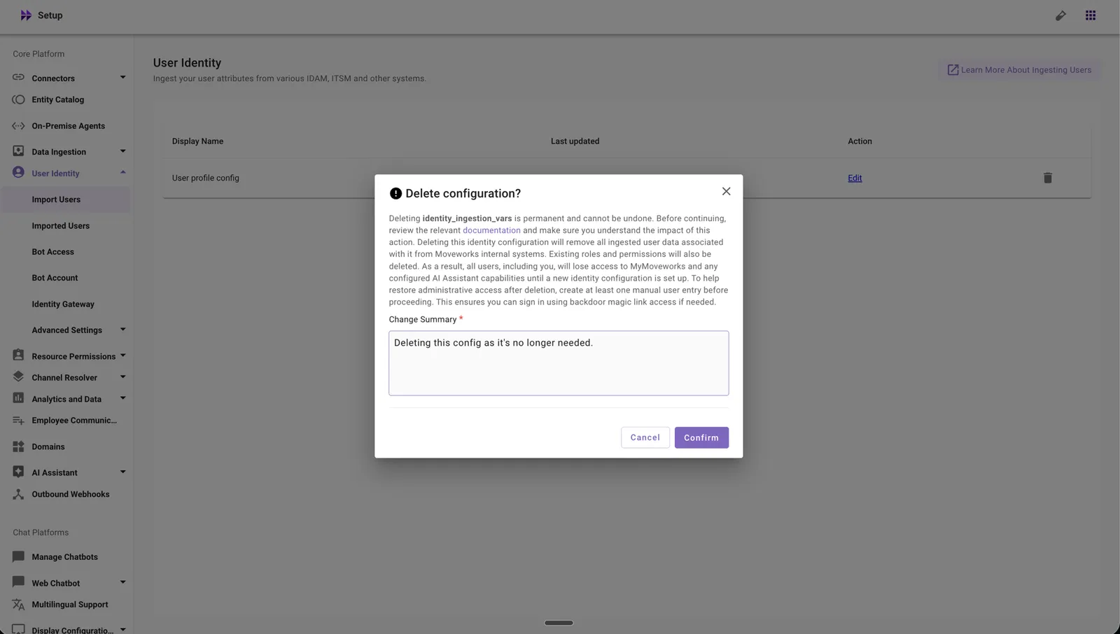 Review the delete configuration warning and enter a change summary