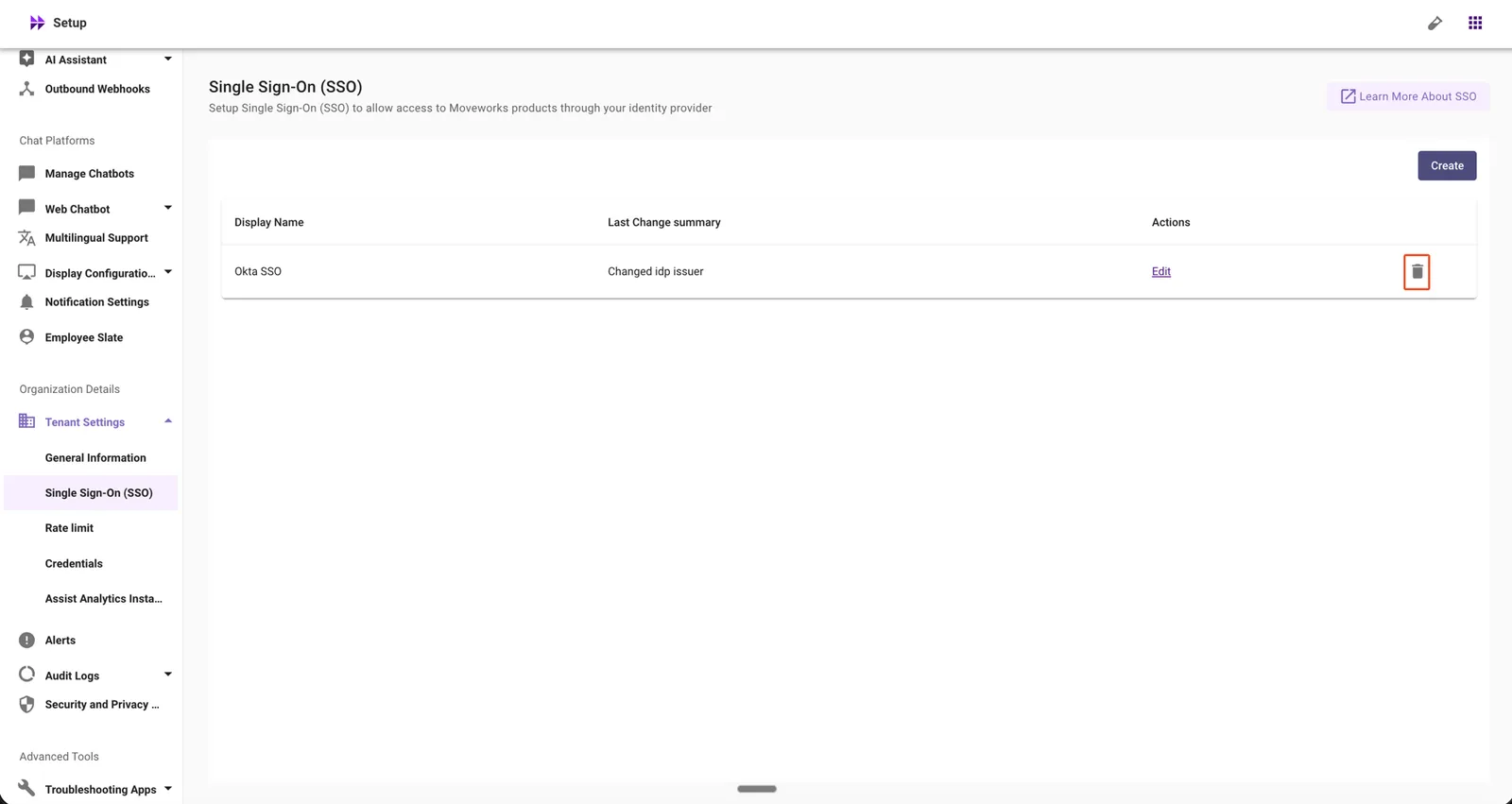 Click the delete icon next to the SSO configuration