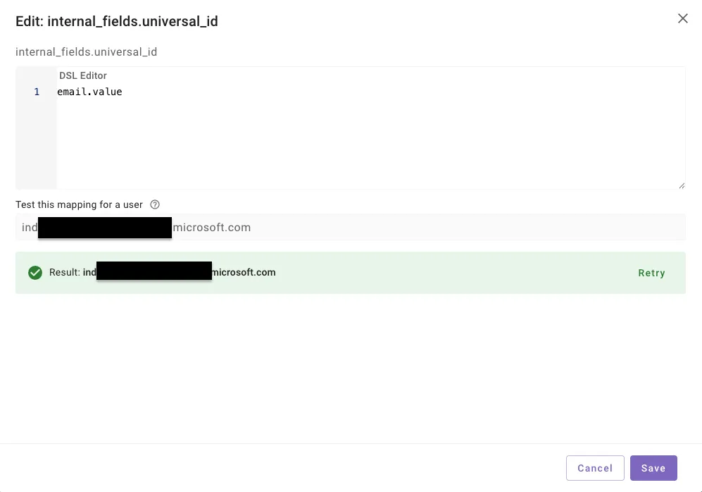 Testing a joining key against a sample user email.