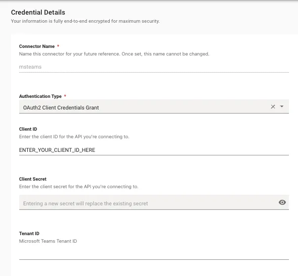 Credential Details with OAuth2 Client Credentials Grant authentication type selected