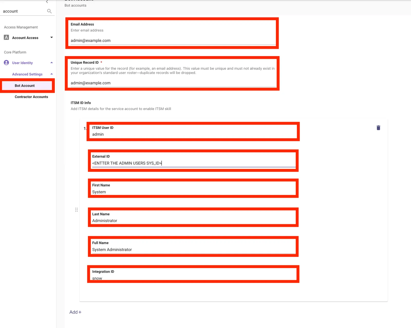 Bot Account page in Moveworks Setup with the Email Address, Unique Record ID, ITSM User ID, External ID, and Integration ID fields highlighted. The example values shown (admin@example.com, snow) are placeholders; enter the values for your chosen account.