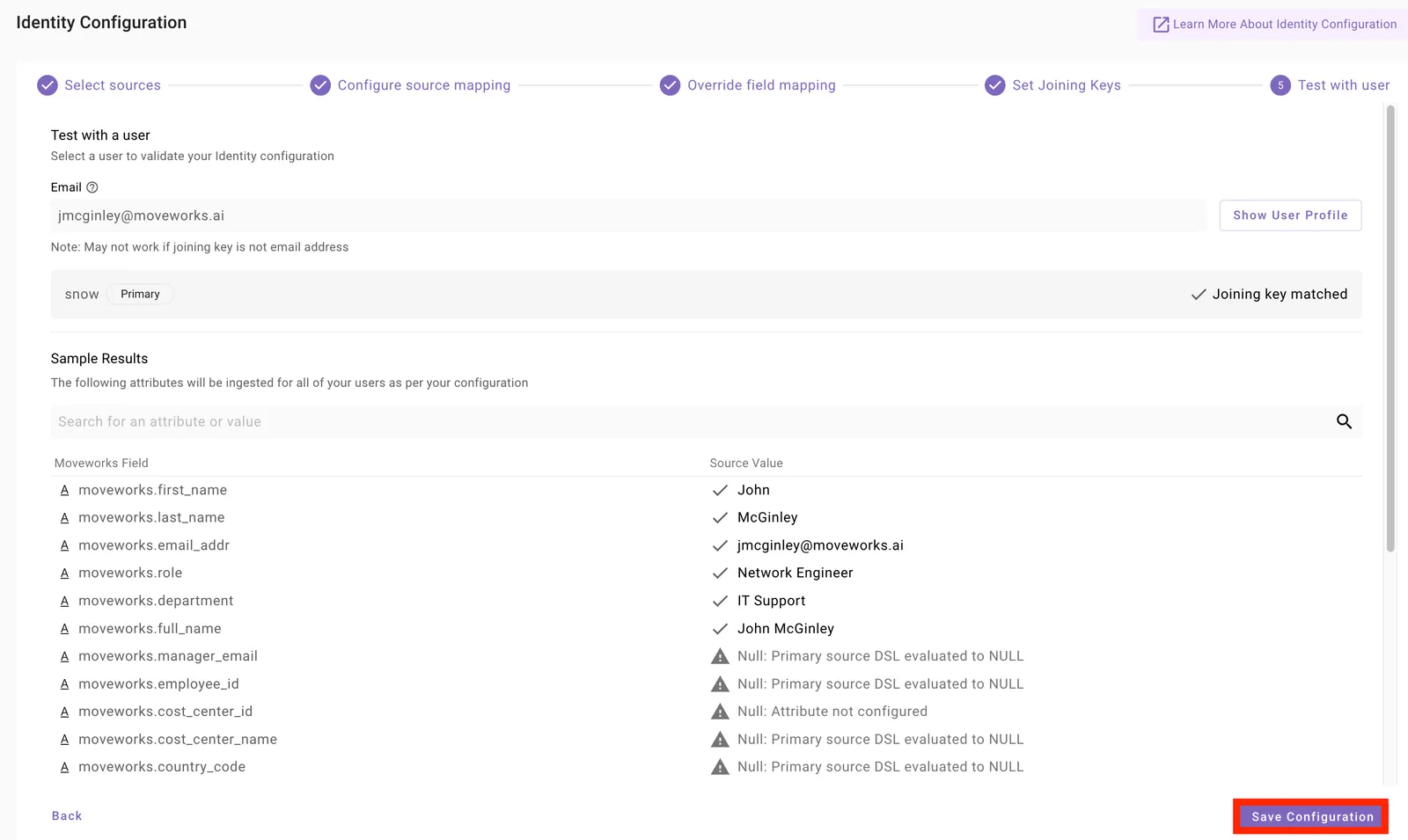 Test with user step showing resolved profile attributes for a sample user