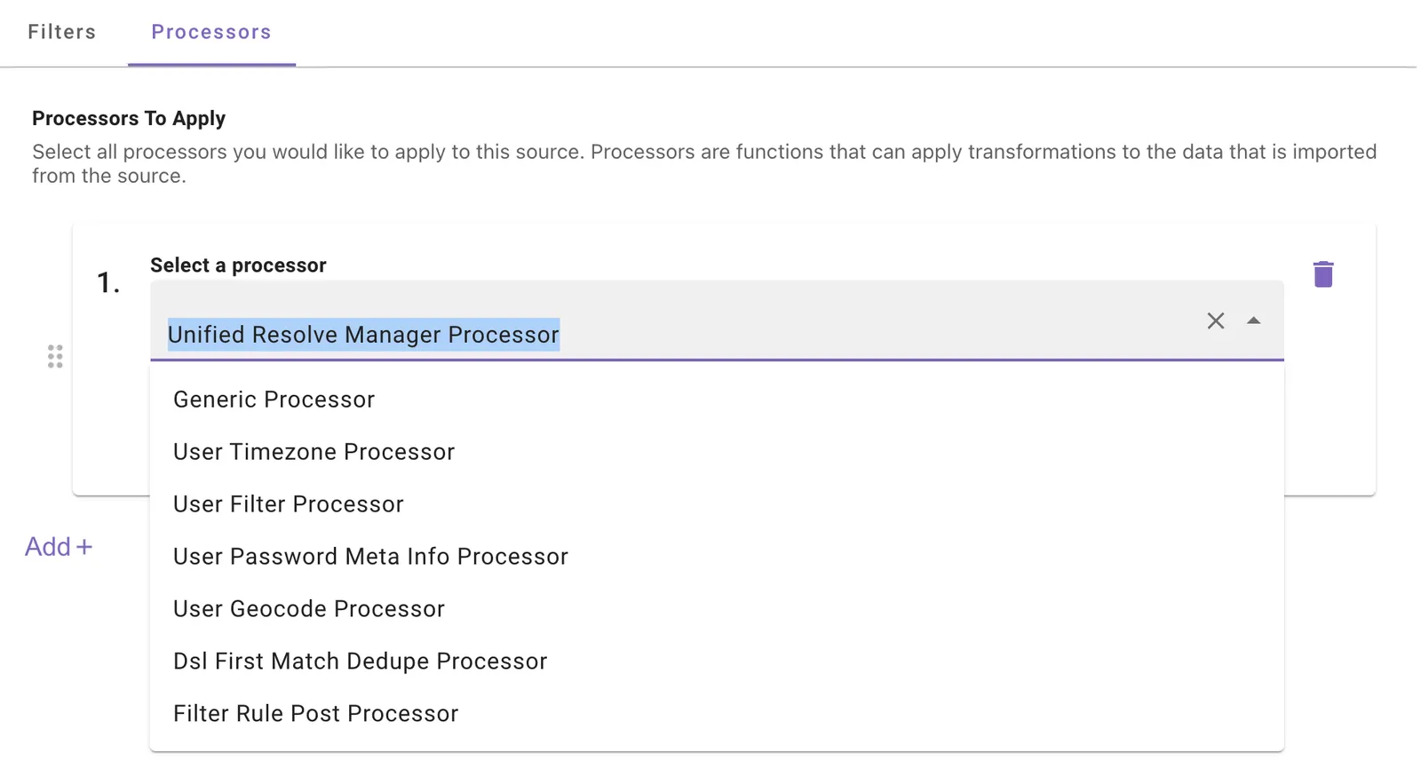 List of processors available for a source.