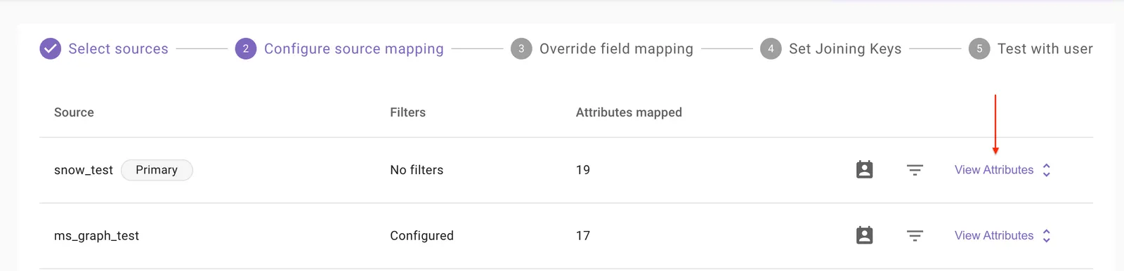 View attributes control on the Configure source mapping step.