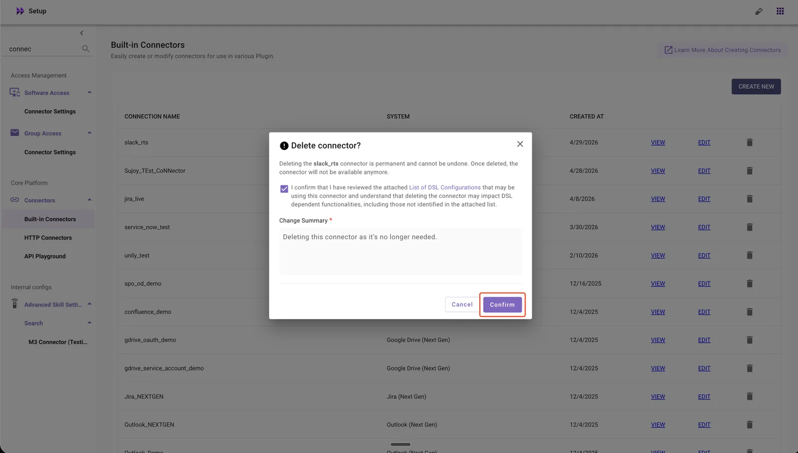Confirm the Connector configuration deletion