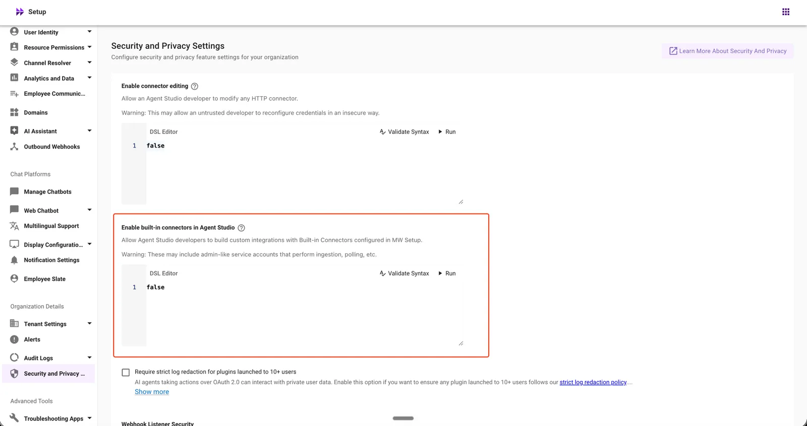Enable built-in connectors in Agent Studio in Security and Privacy Settings