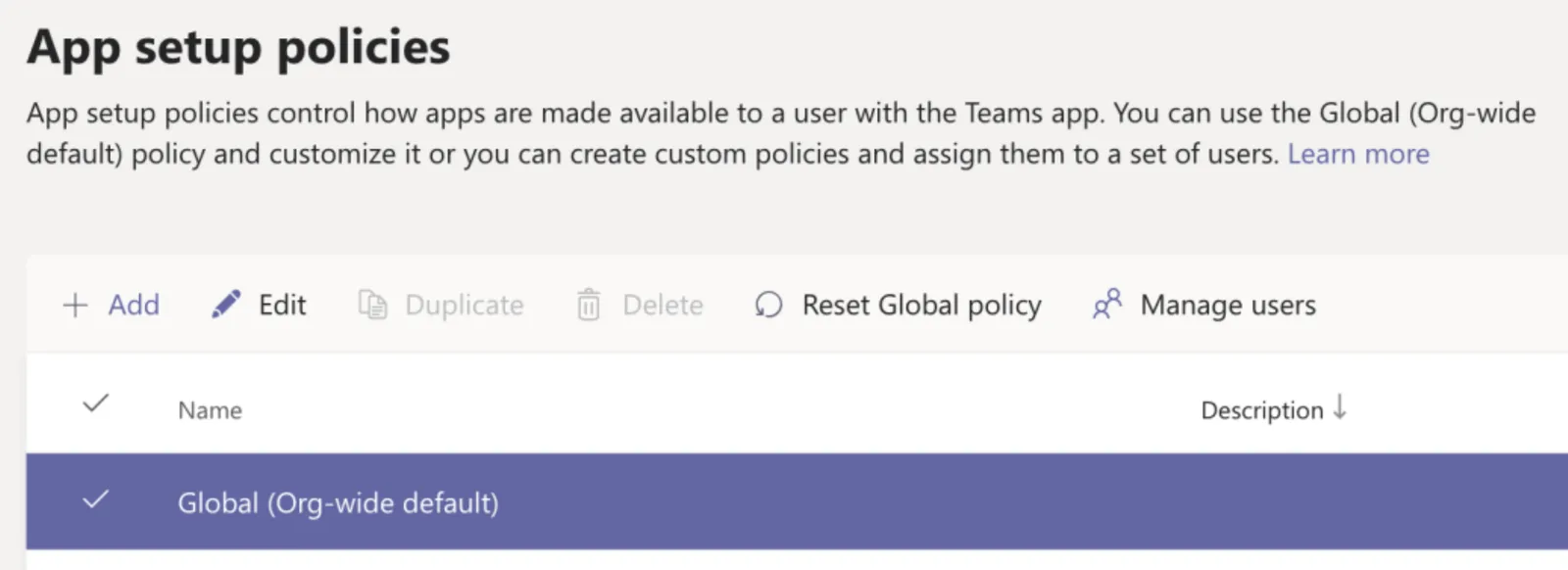 Global setup policies page with Edit button