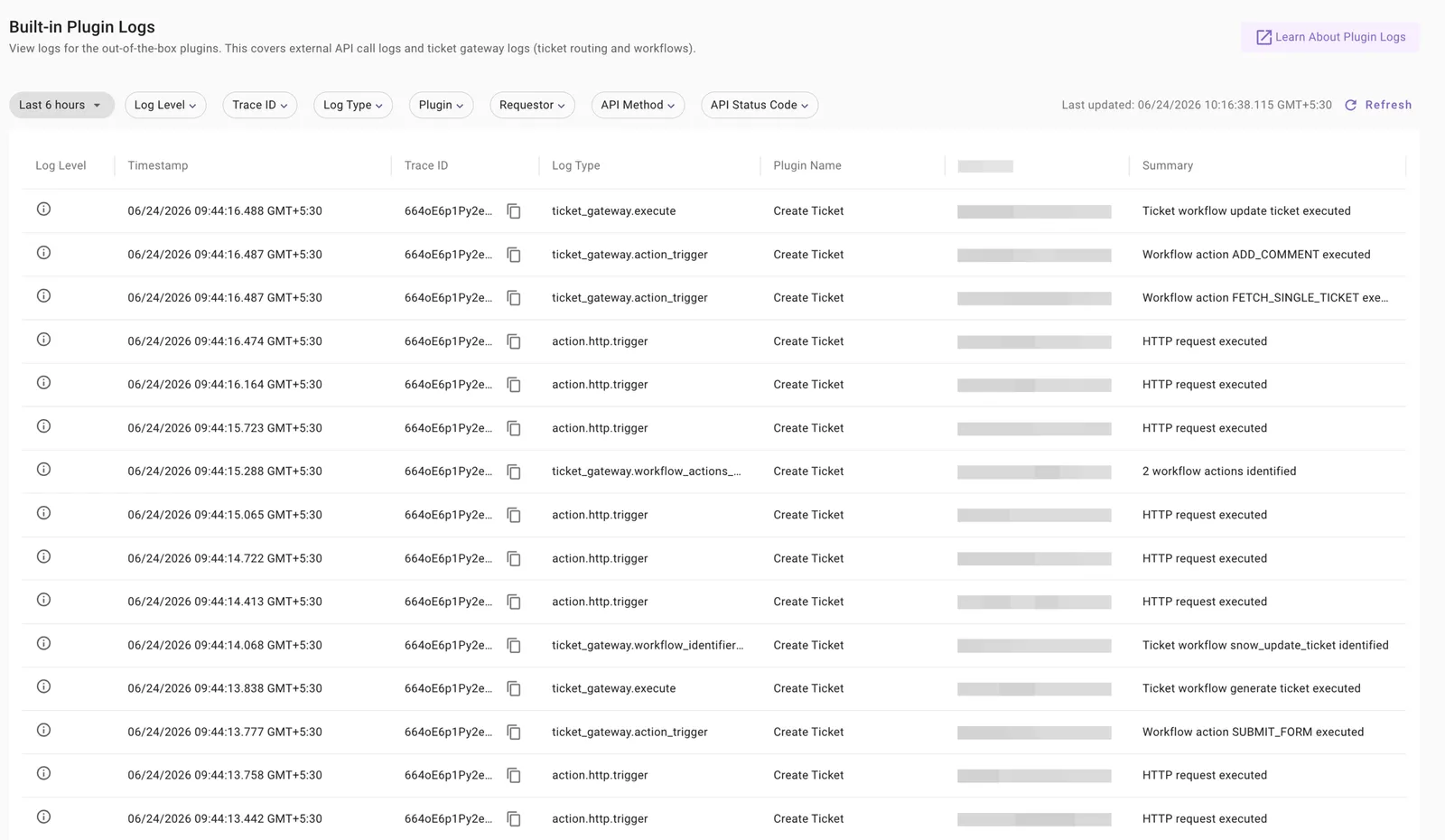 Built-in Plugin Logs with the Trace ID column and copy button