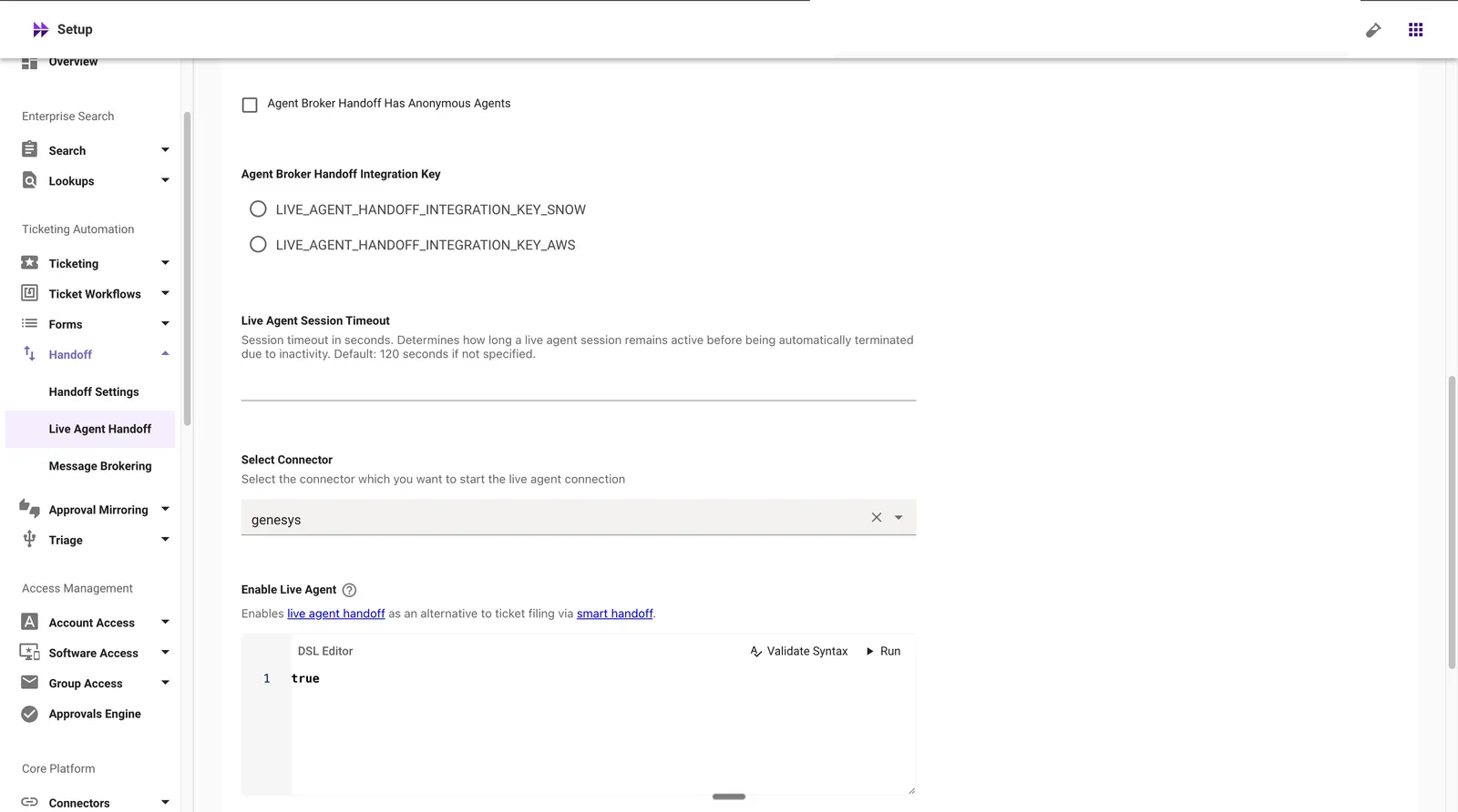 Connector selection, session timeout, and the Enable Live Agent rule