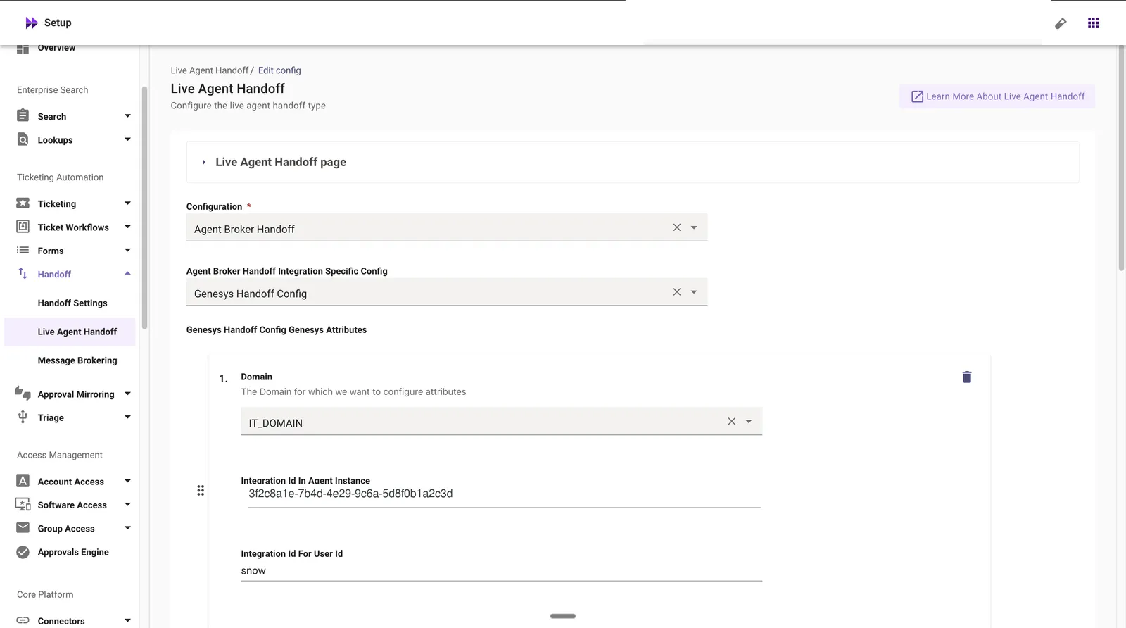 Genesys attributes per domain: Integration Id In Agent Instance and Integration Id For User Id (example values shown)