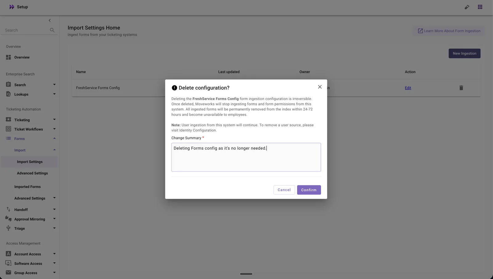 Review the delete configuration warning and enter a change summary