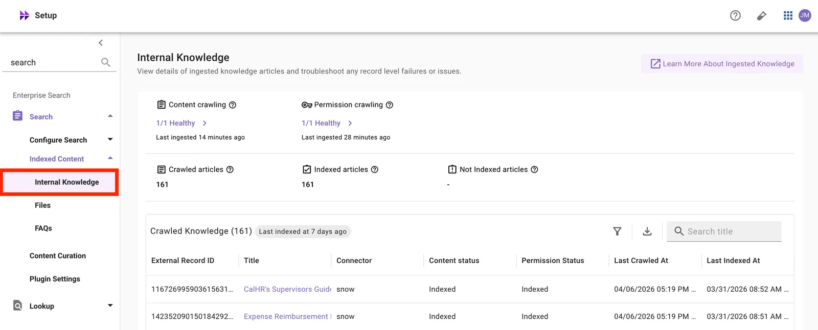 Indexed Content > Internal Knowledge page listing ingested articles