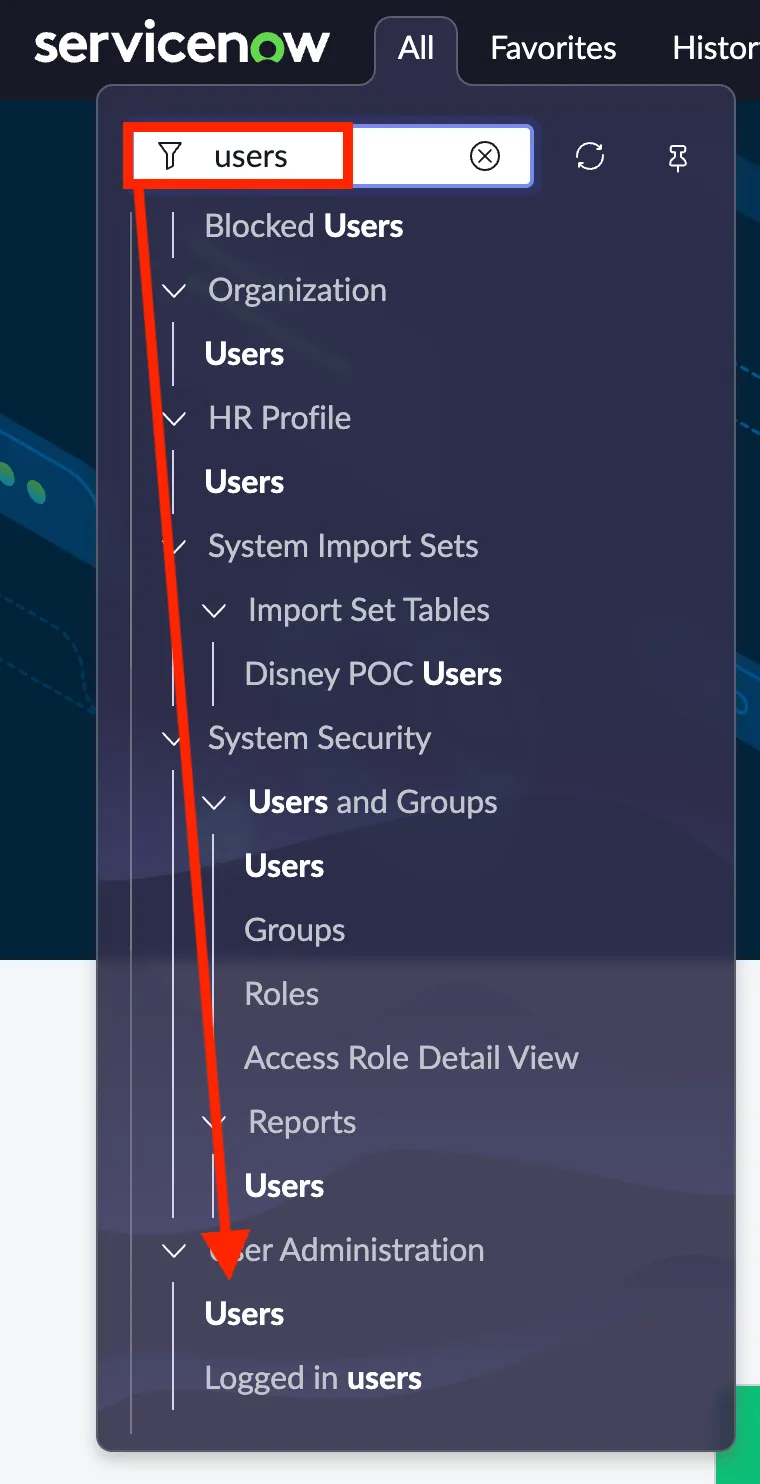 User Administration menu showing the Users option in ServiceNow