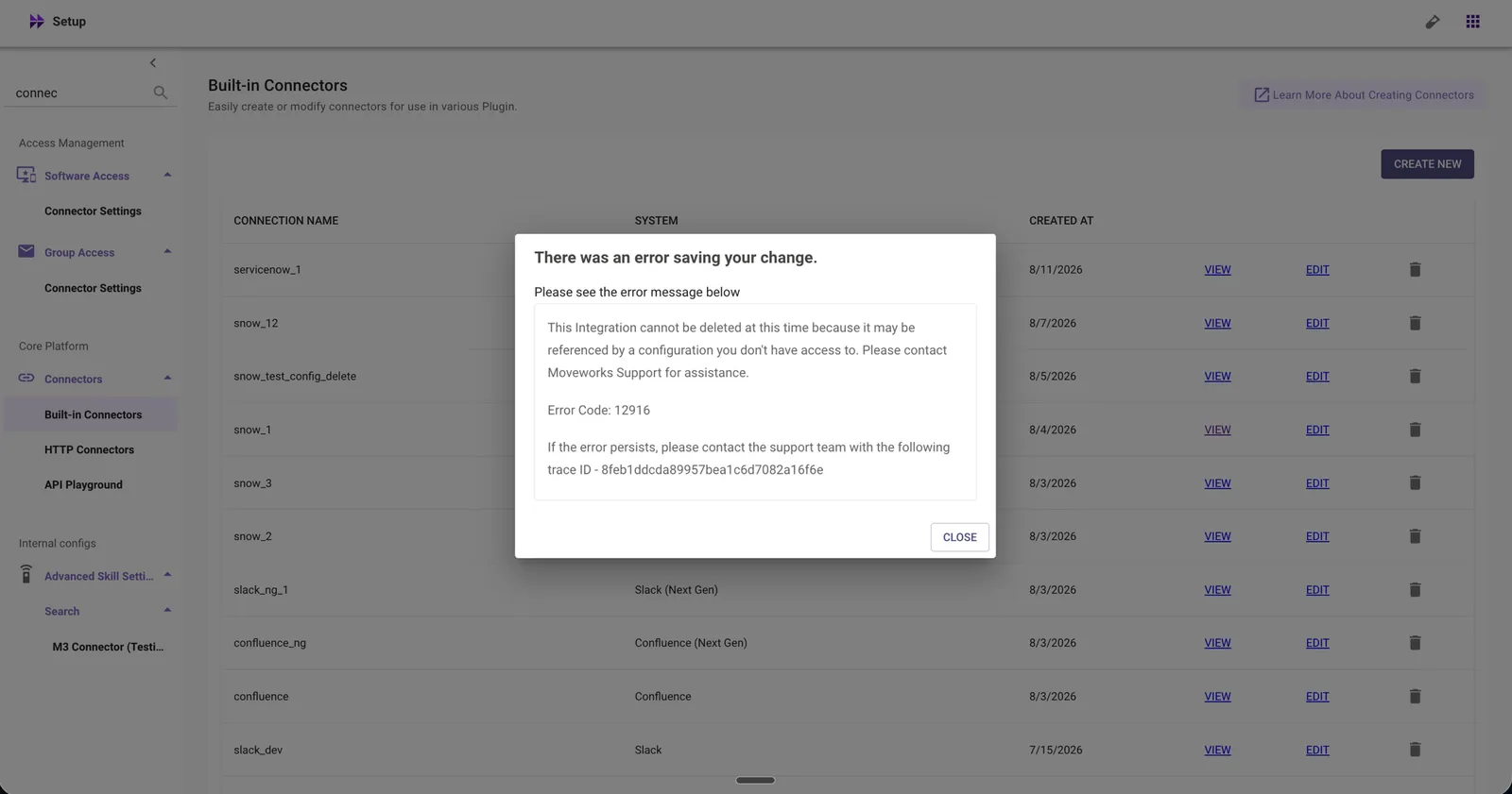 Error dialog stating the integration cannot be deleted because it may be referenced by a configuration the user doesn't have access to