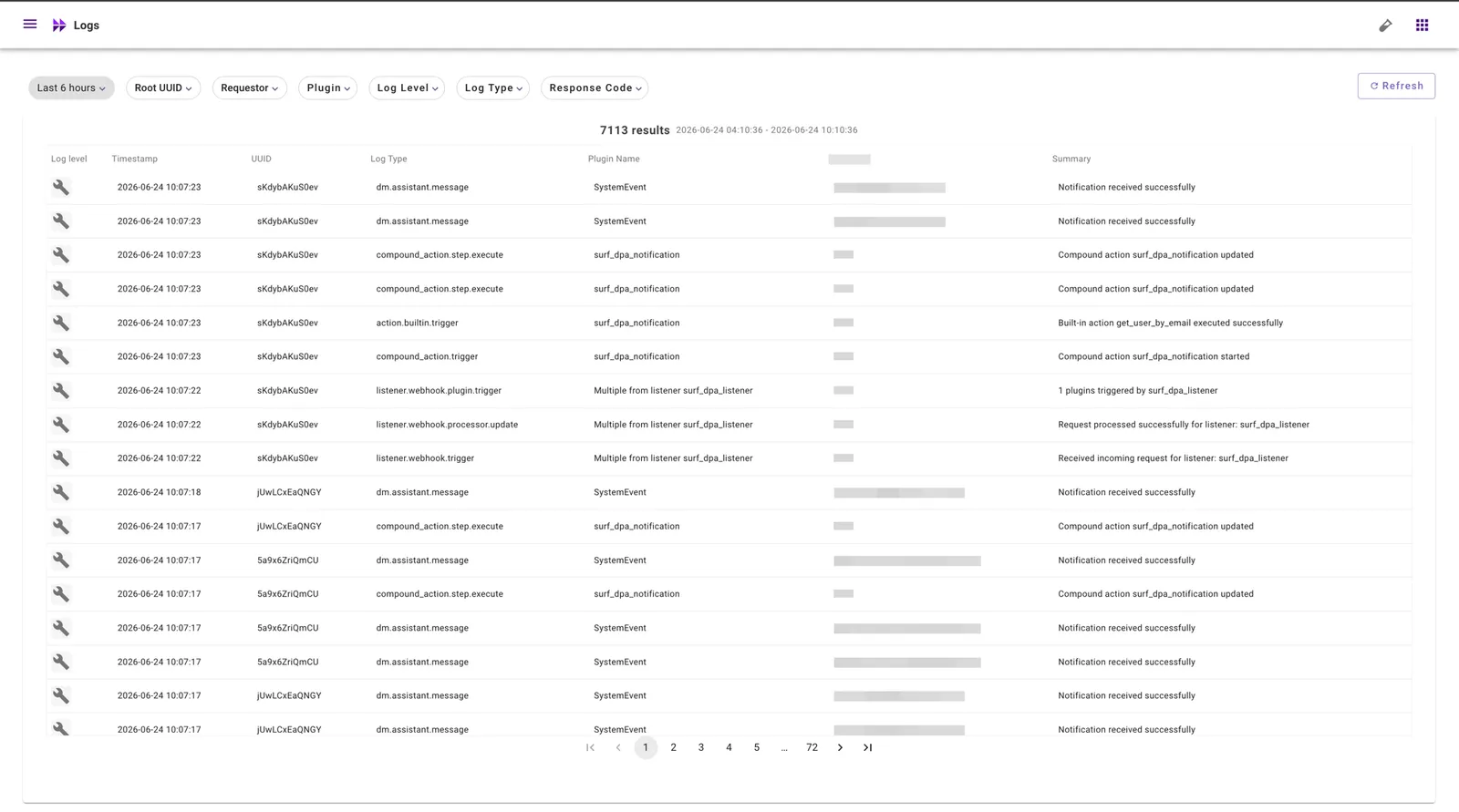 Agent Studio Logs view with the UUID column and Root UUID filter