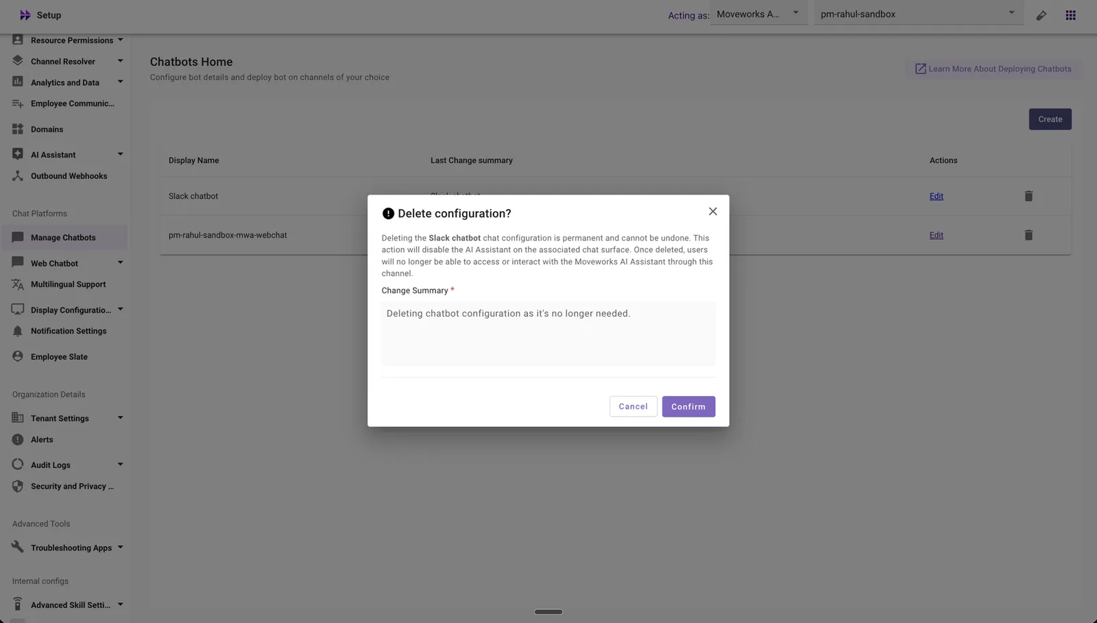 Review the delete configuration warning and enter a change summary