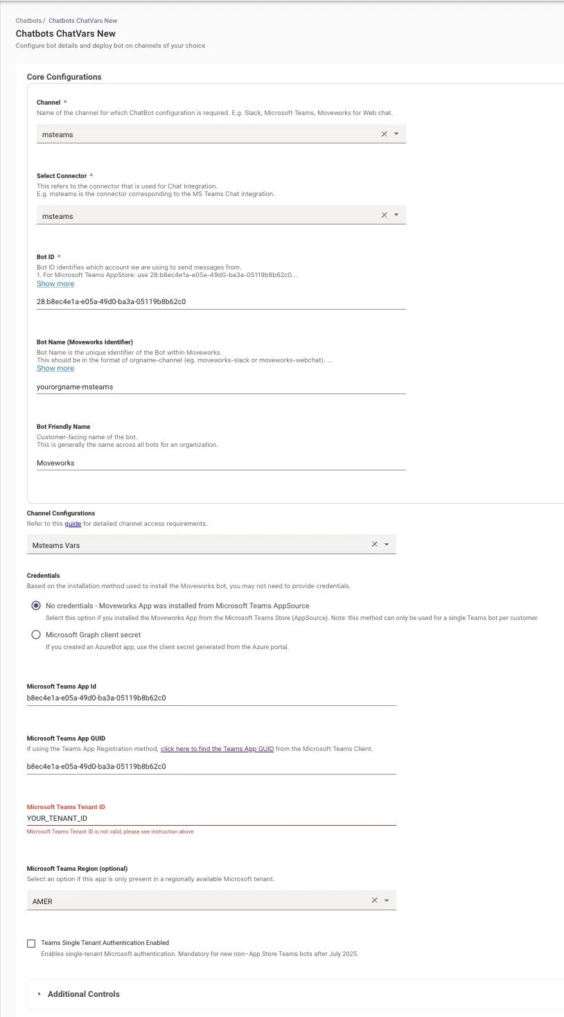 Chatbot configuration page with Bot Name, Bot Friendly Name, and Microsoft Teams Tenant ID fields