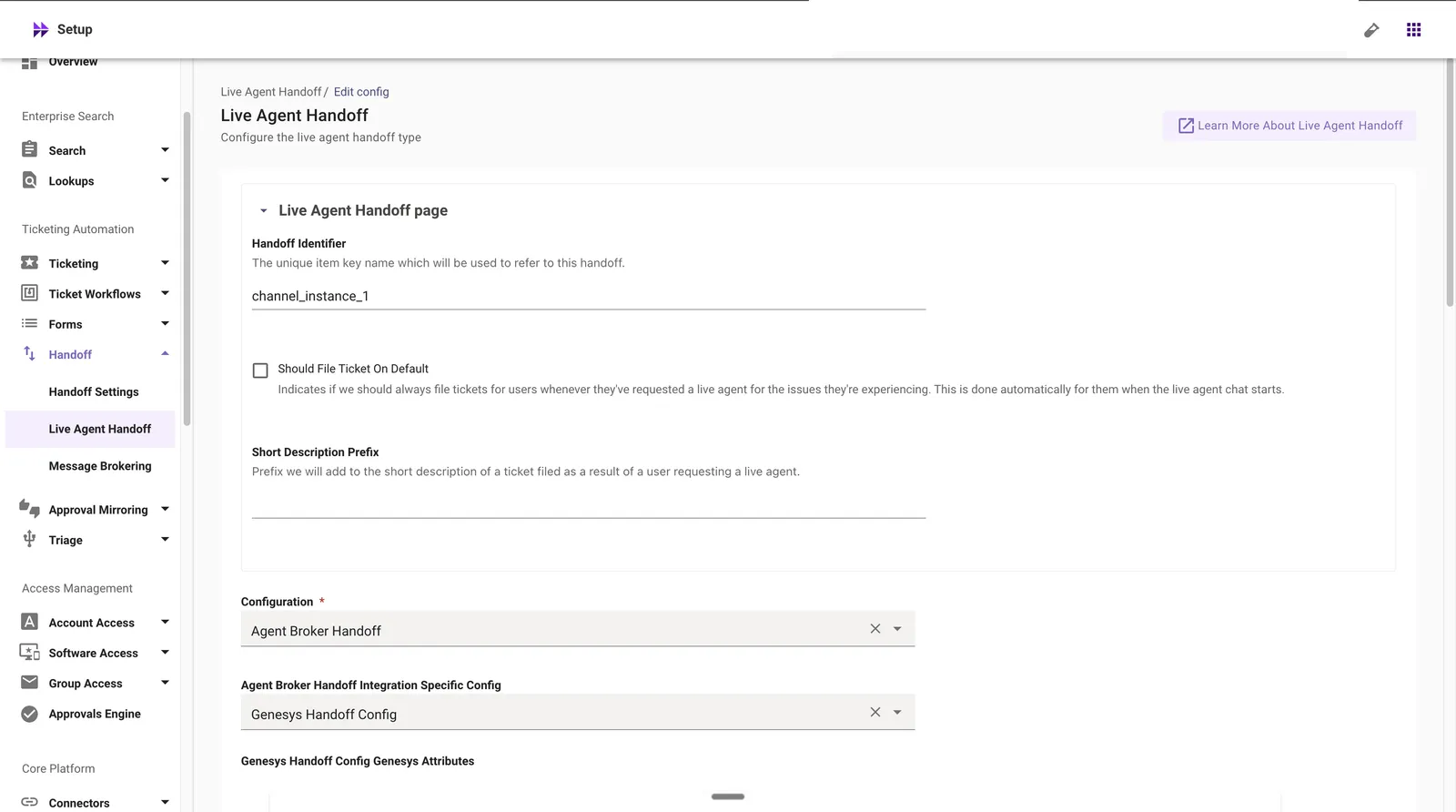 Live Agent Handoff configuration: Agent Broker Handoff with the Genesys Handoff Config