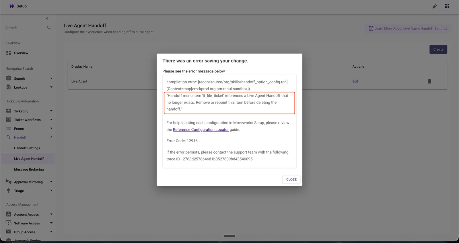 Delete error dialog stating that a Handoff menu item references a Live Agent Handoff that no longer exists