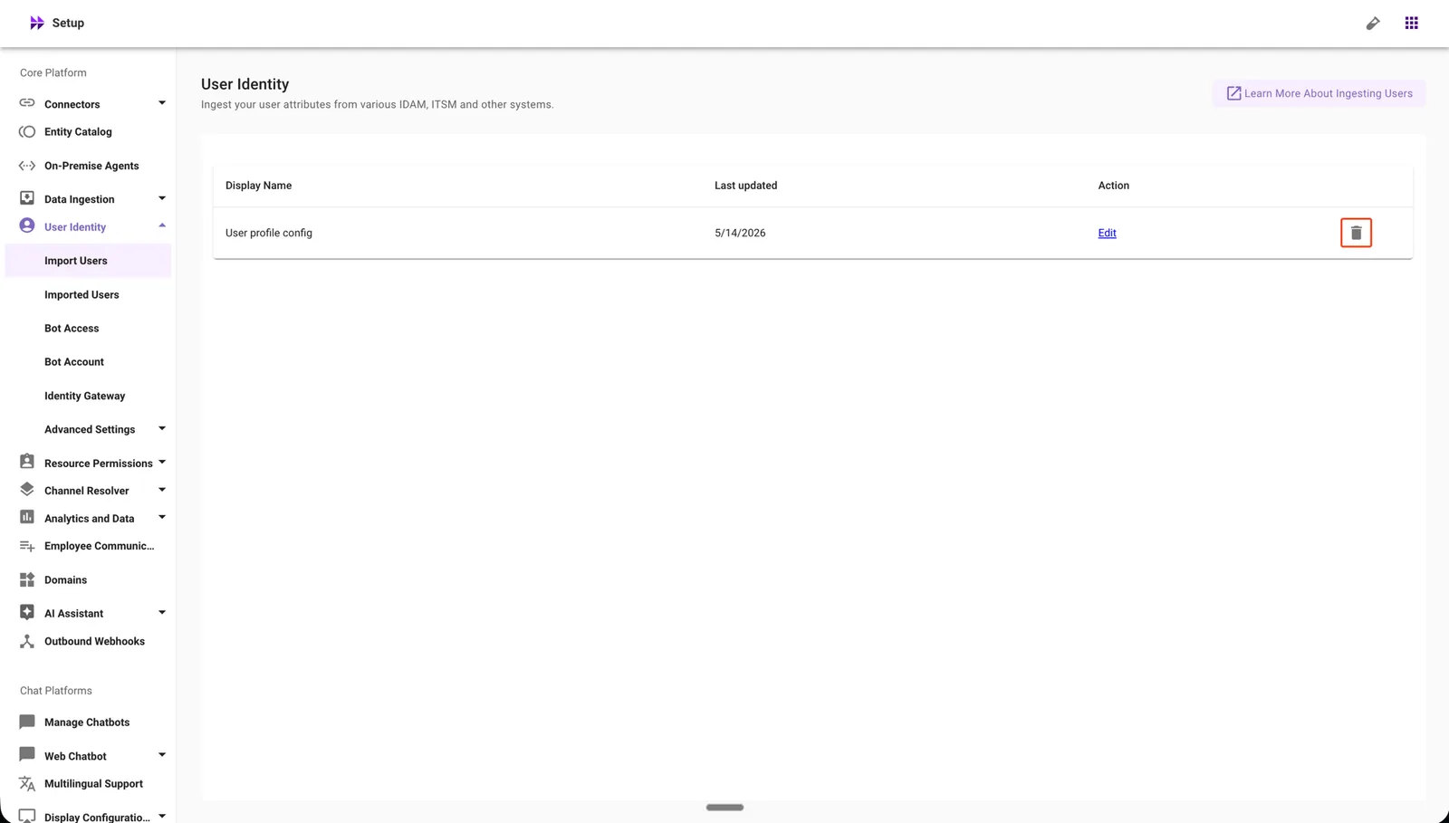 Click the delete icon for the User profile config