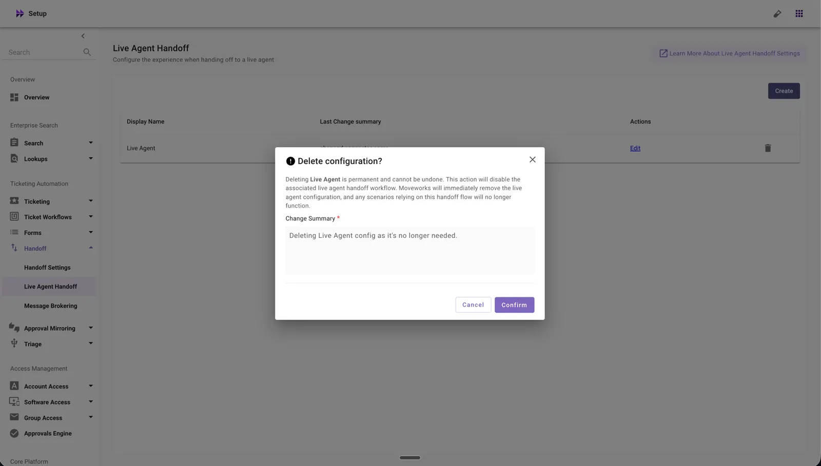 Review the delete configuration warning and enter a change summary