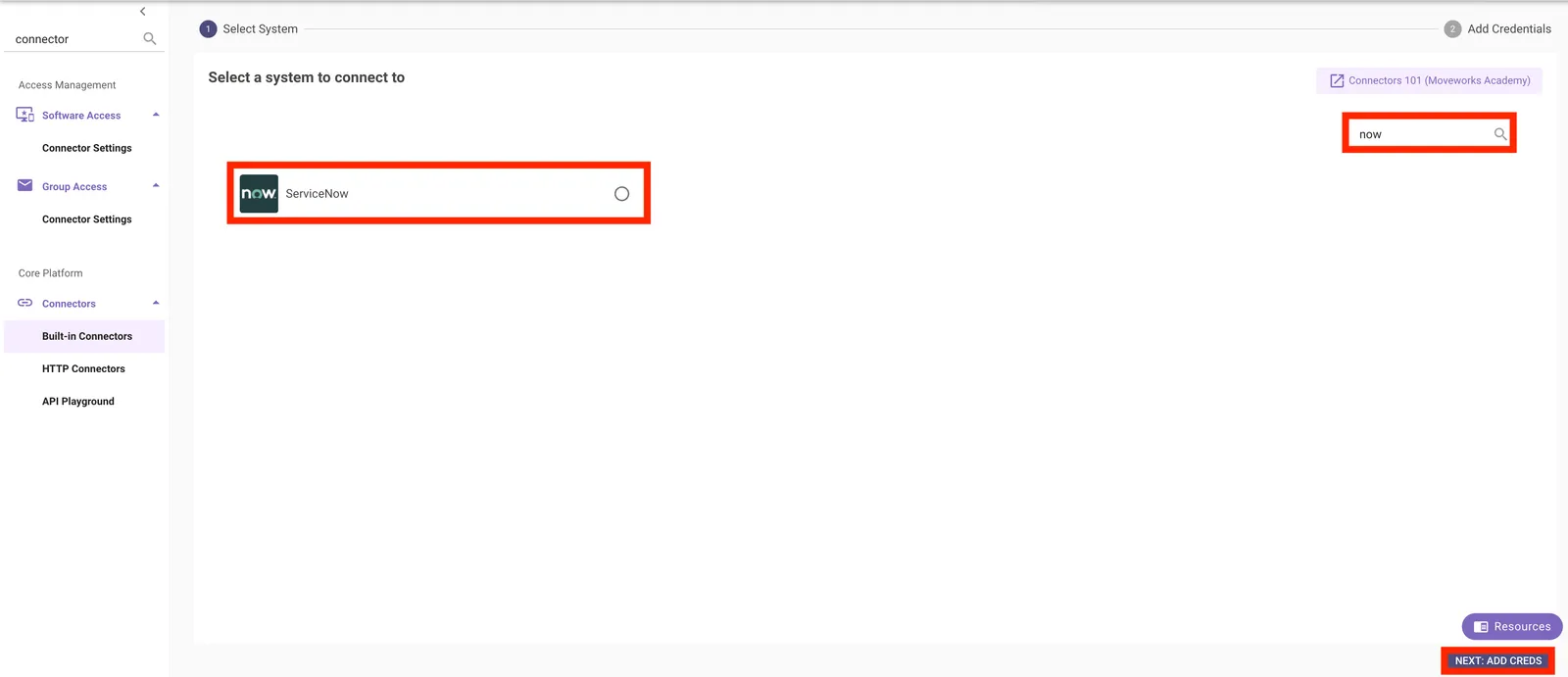 Built-in Connectors page in Moveworks Setup with ServiceNow selected as the system to connect to