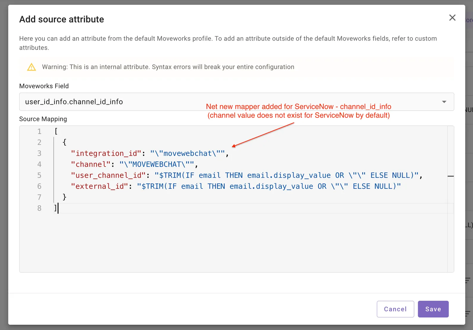 Defining a channel_id_info entry in the JSON editor.
