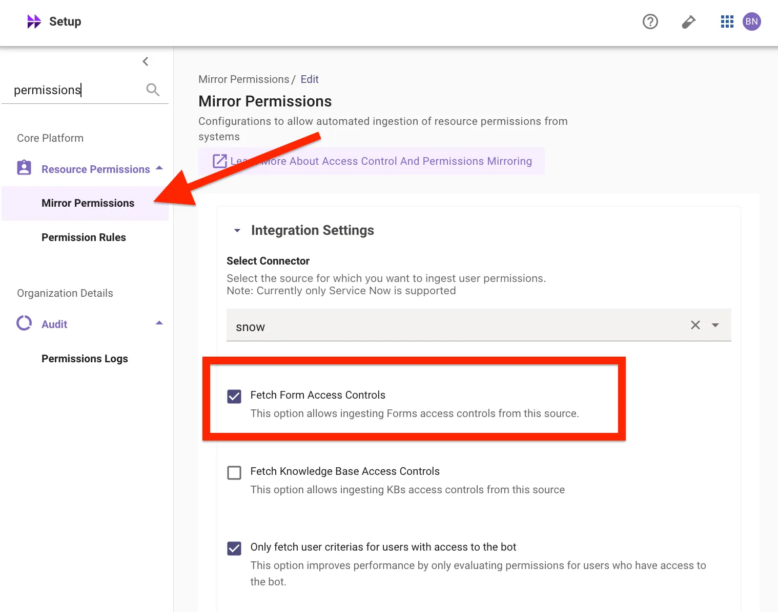 Mirror Permissions page with Fetch Form Access Controls checked