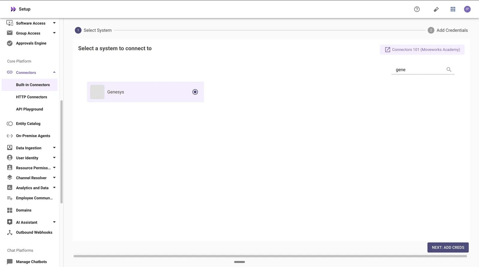 Built-in Connectors: select Genesys as the system to connect to