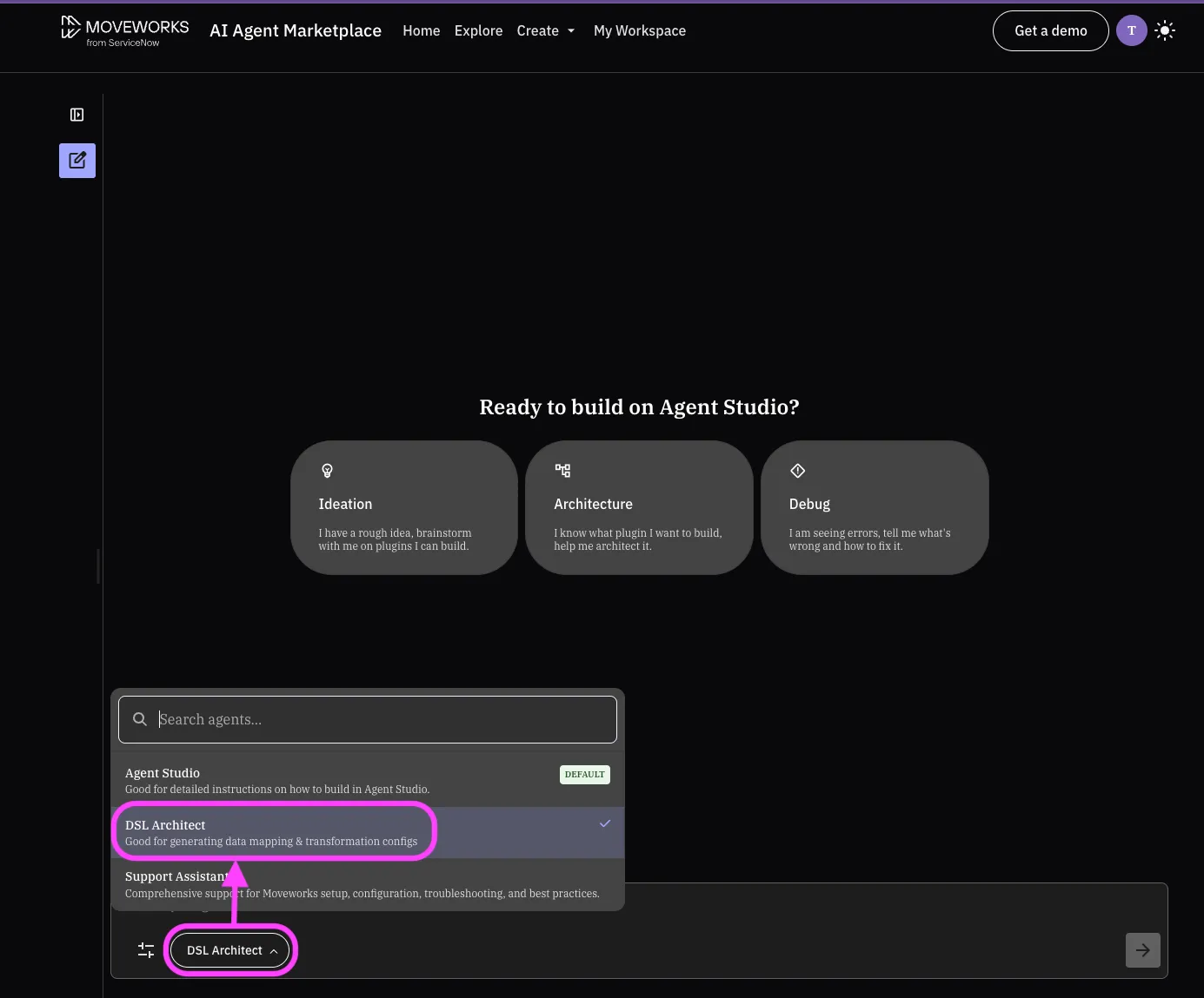 Selecting the DSL Architect agent in Agent Architect