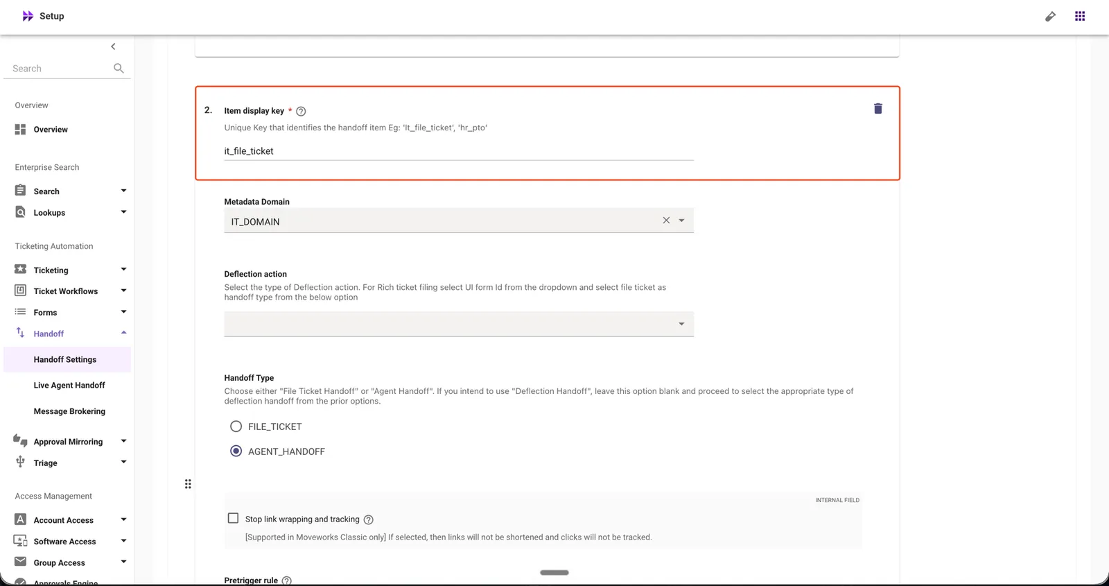 Handoff Settings > Setup Items for Categories > Item display key field identifying the handoff menu item
