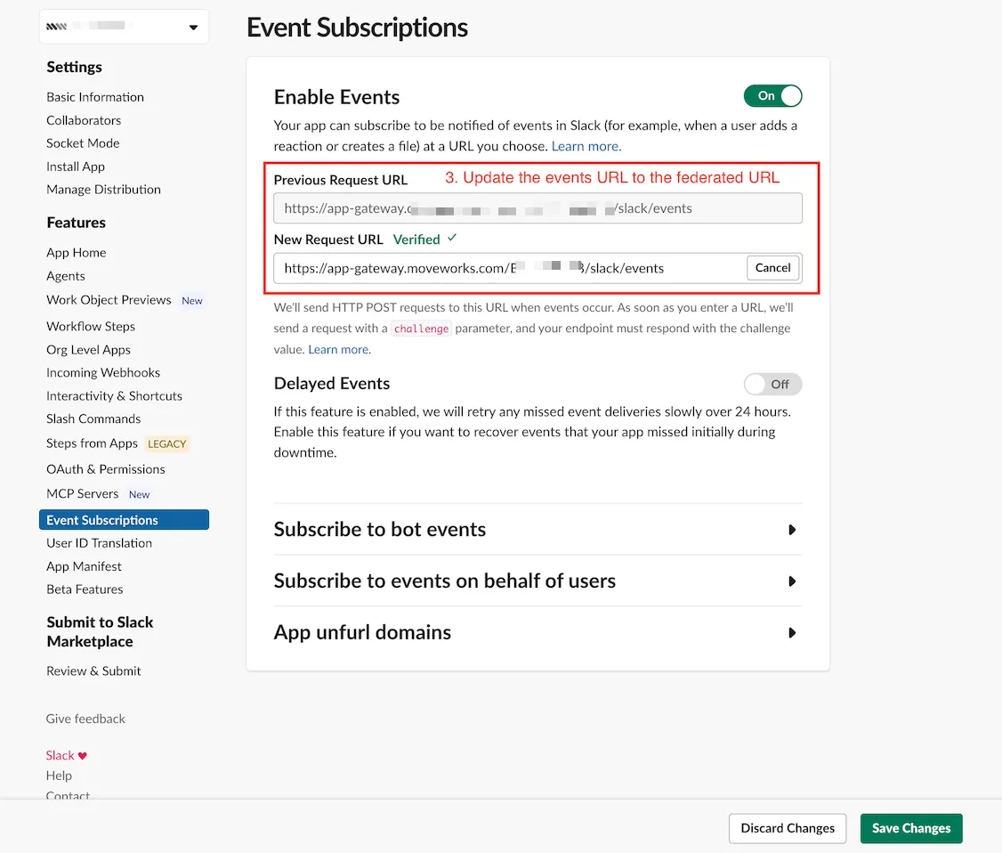 Event Subscriptions page with the new Request URL pointing to app-gateway.moveworks.com and marked Verified