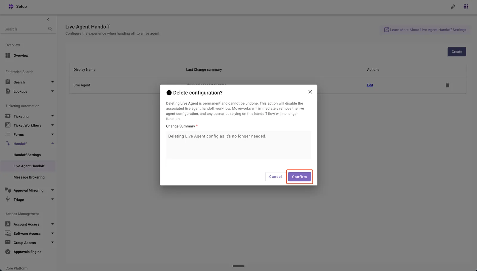 Confirm the Live Agent configuration deletion