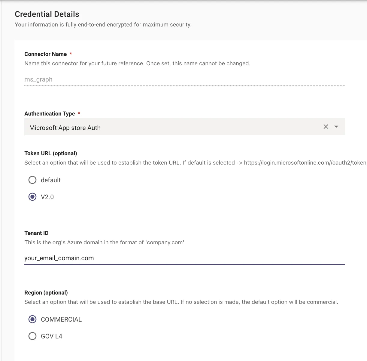 MS Graph connector Credential Details with Microsoft App store Auth selected