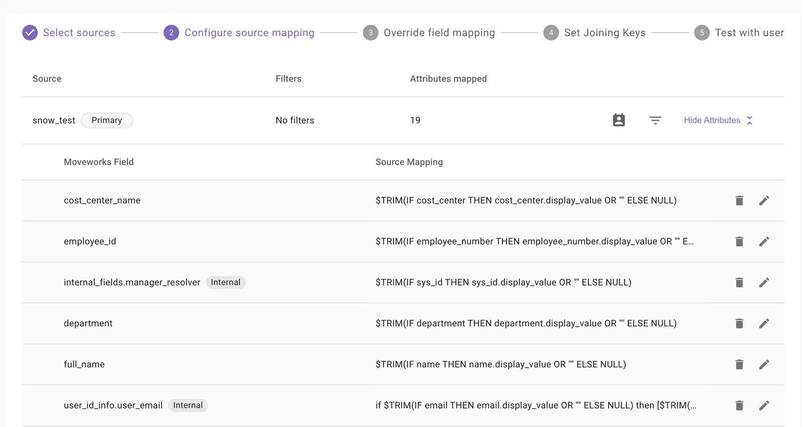 Expanded list of mapped attributes for a source.
