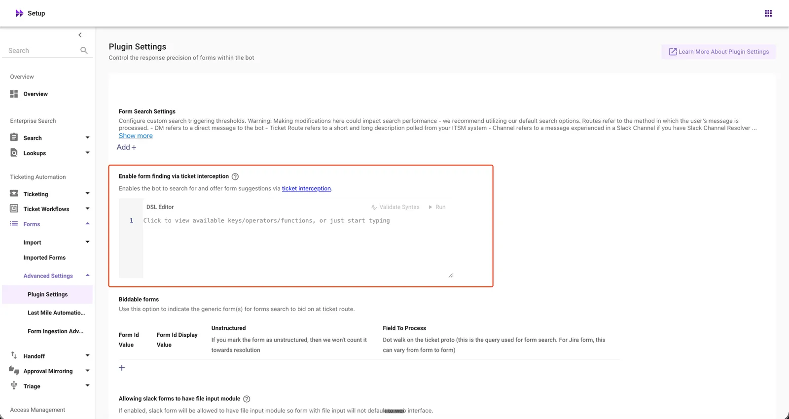 Enable form finding via ticket interception in Plugin Settings