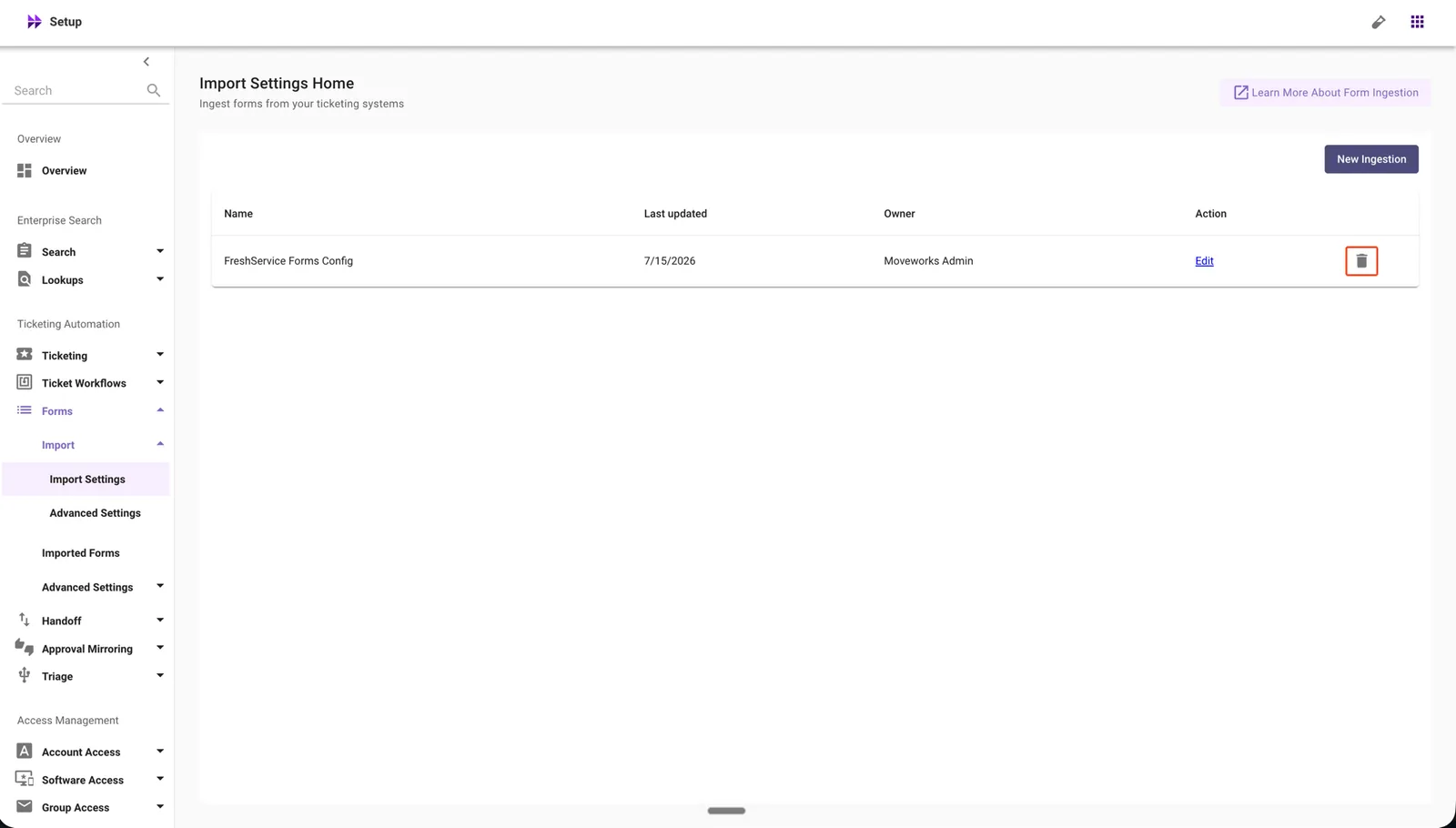 Click the delete icon next to the Forms Ingestion configuration