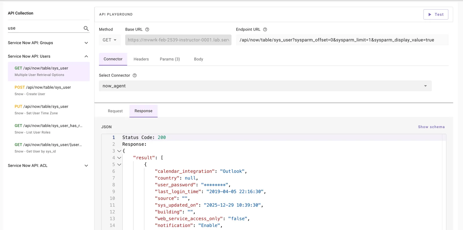 API Playground showing a successful 200 response from ServiceNow via the on-prem agent connector